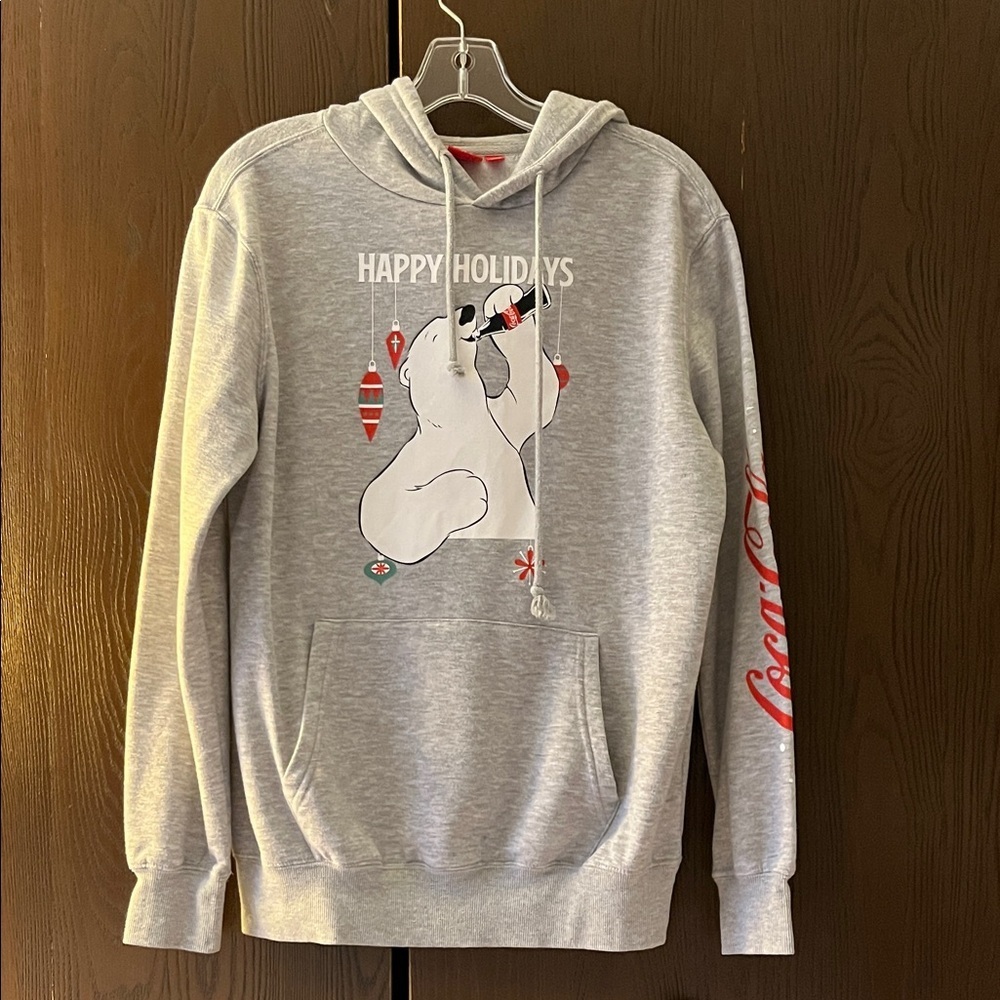 Coca-Cola long sleeved gray hooded Christmas sweatshirt. Bear and ornaments. Med